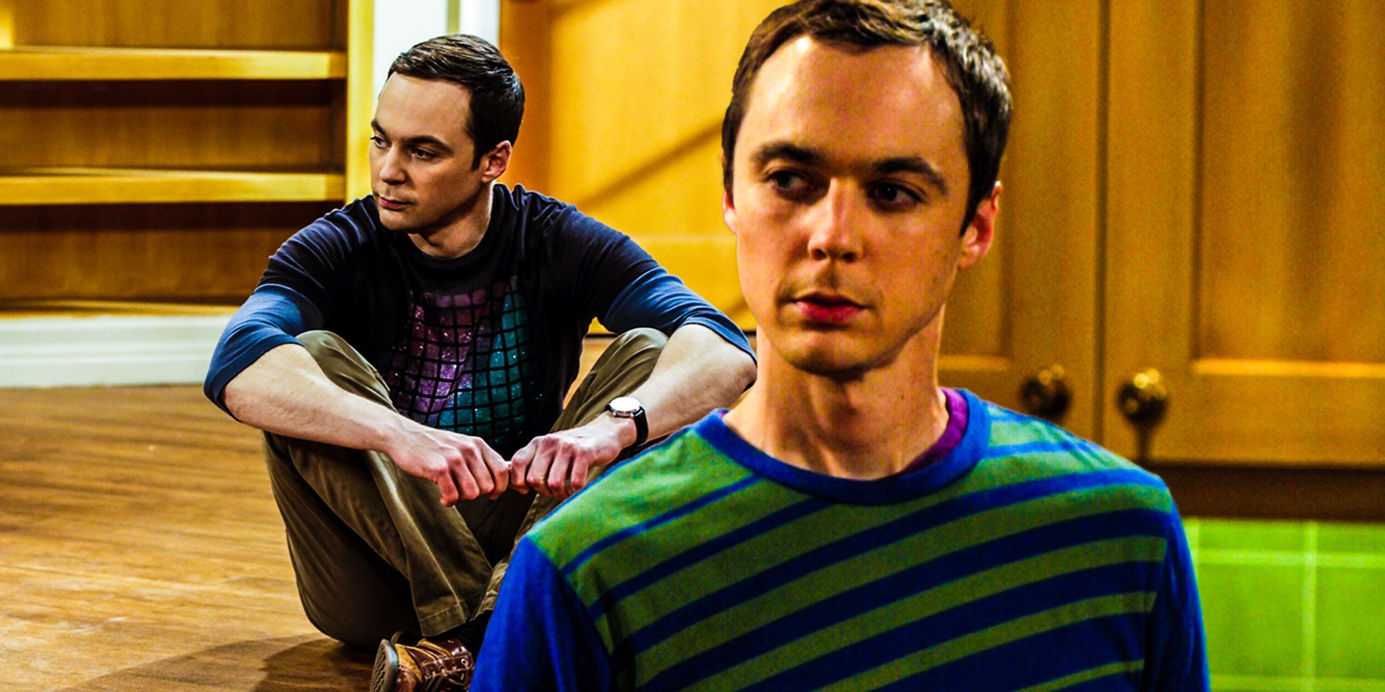 Split image of Sheldon looking serious and sitting on the floor of his apartment in The Big Bang Theory