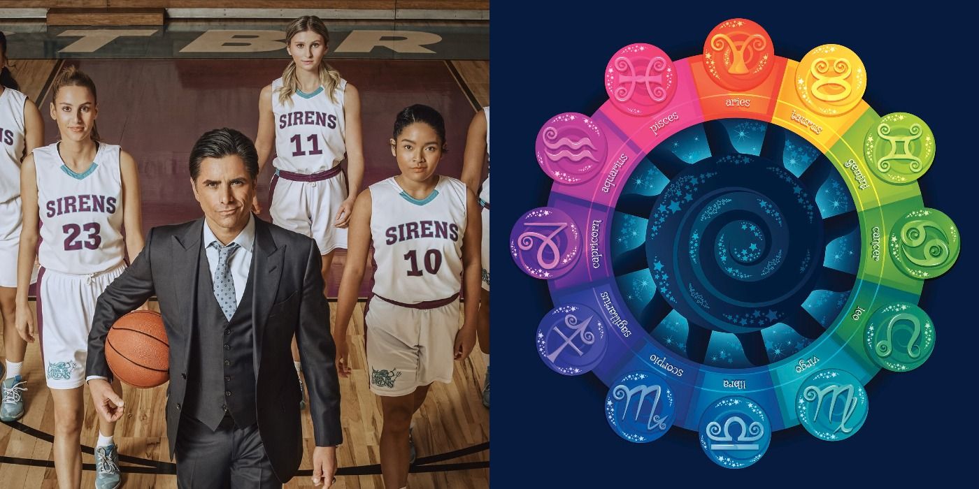Split image of the cast of Big Shot and the zodiac signs