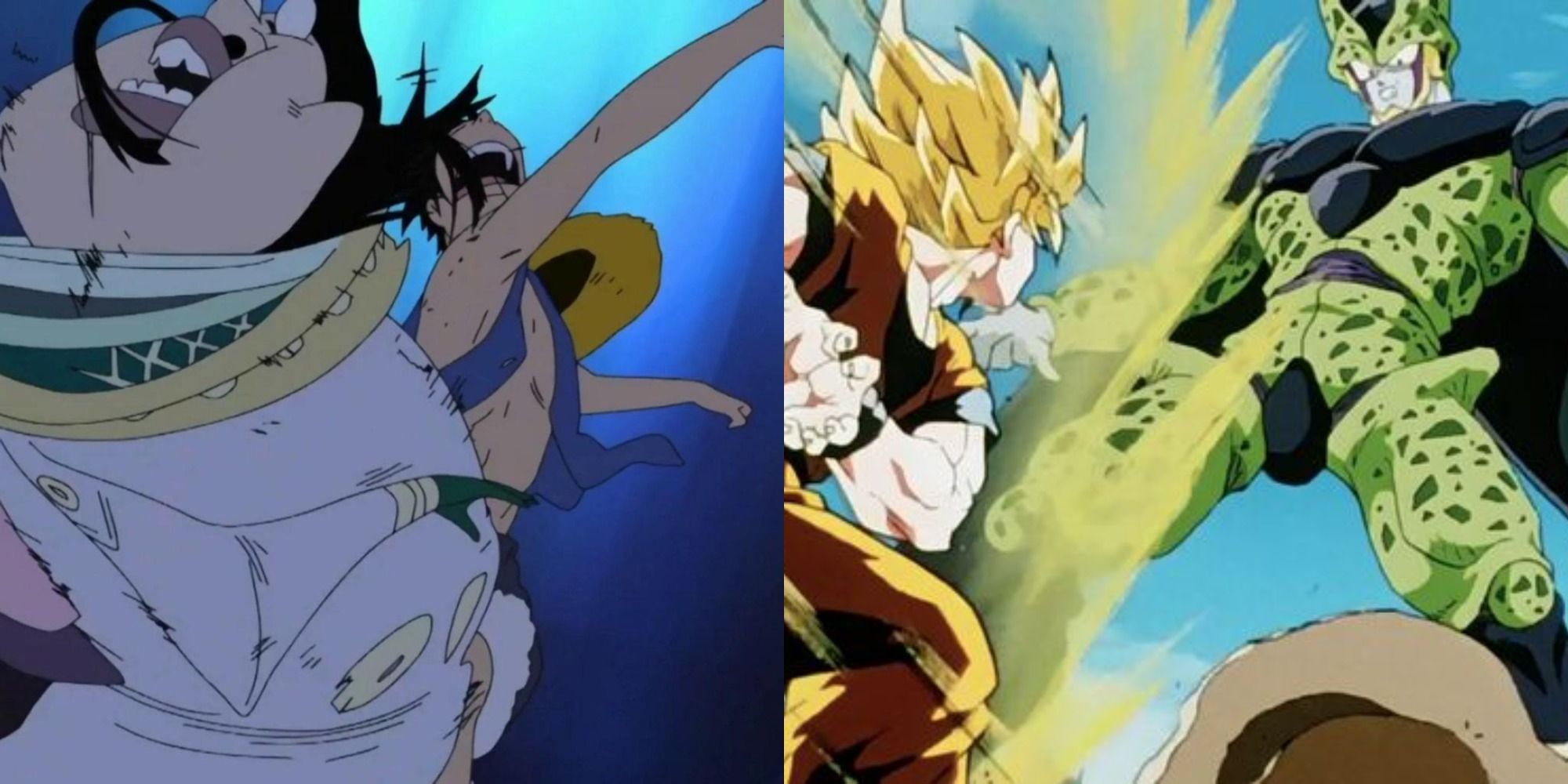 Split image depicting Luffy punching the Celestial Dragon, and Goku battling Perfect Cell