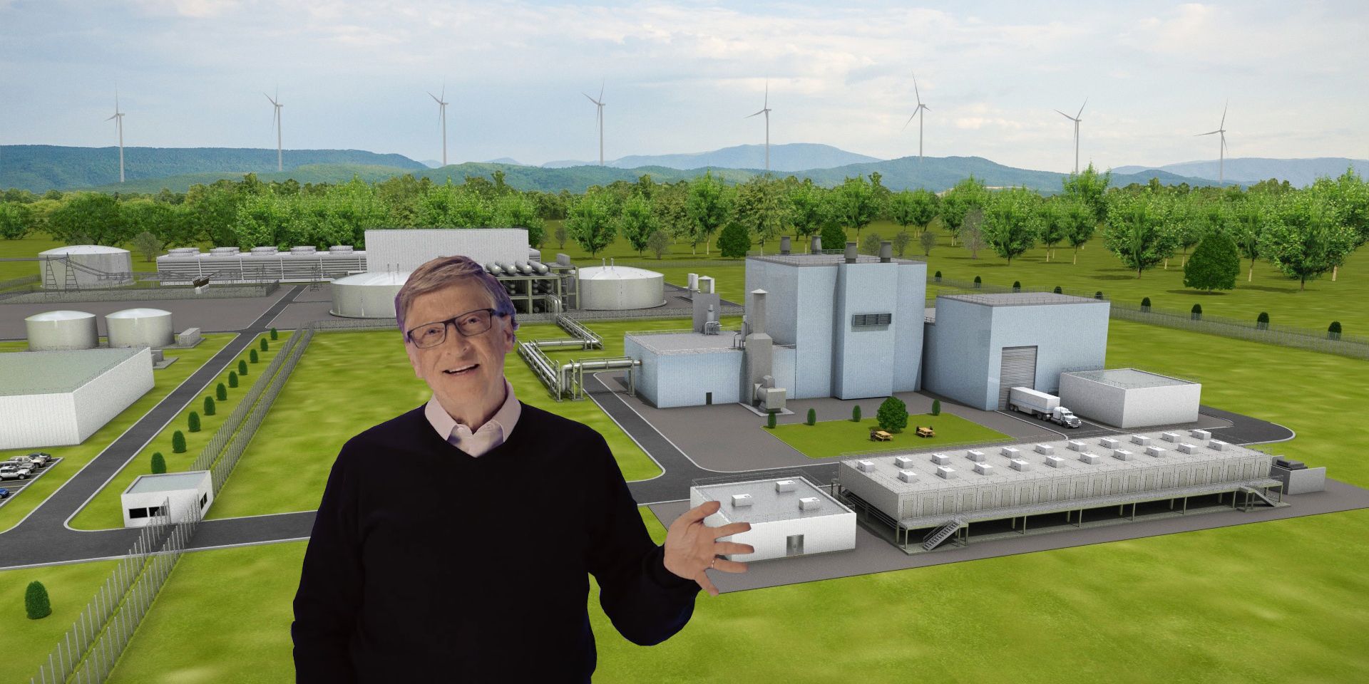 Bill Gates over a graphic of TerraPower nuclear plant