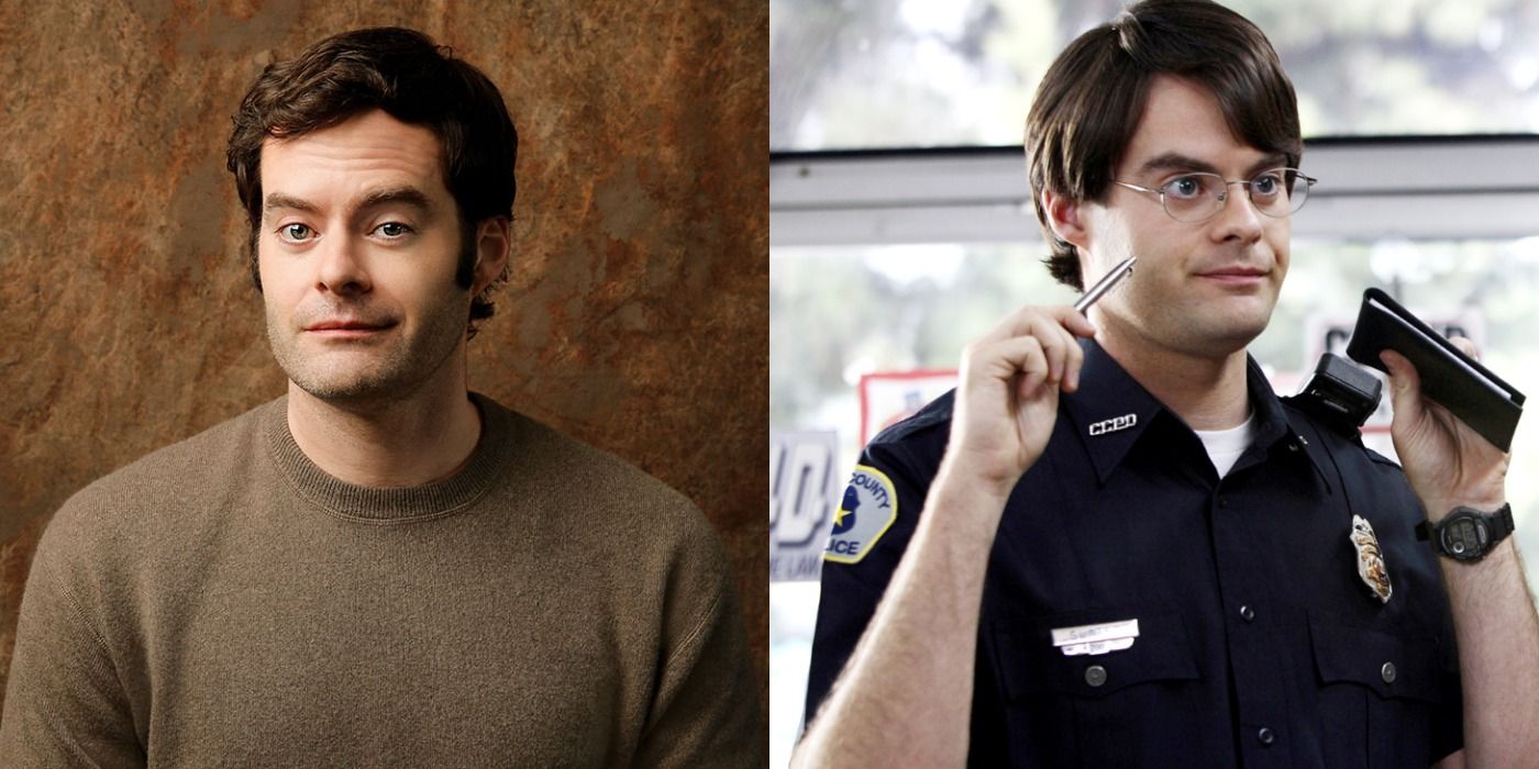 Split image of Bill Hader sitting down and as a cop in Superbad