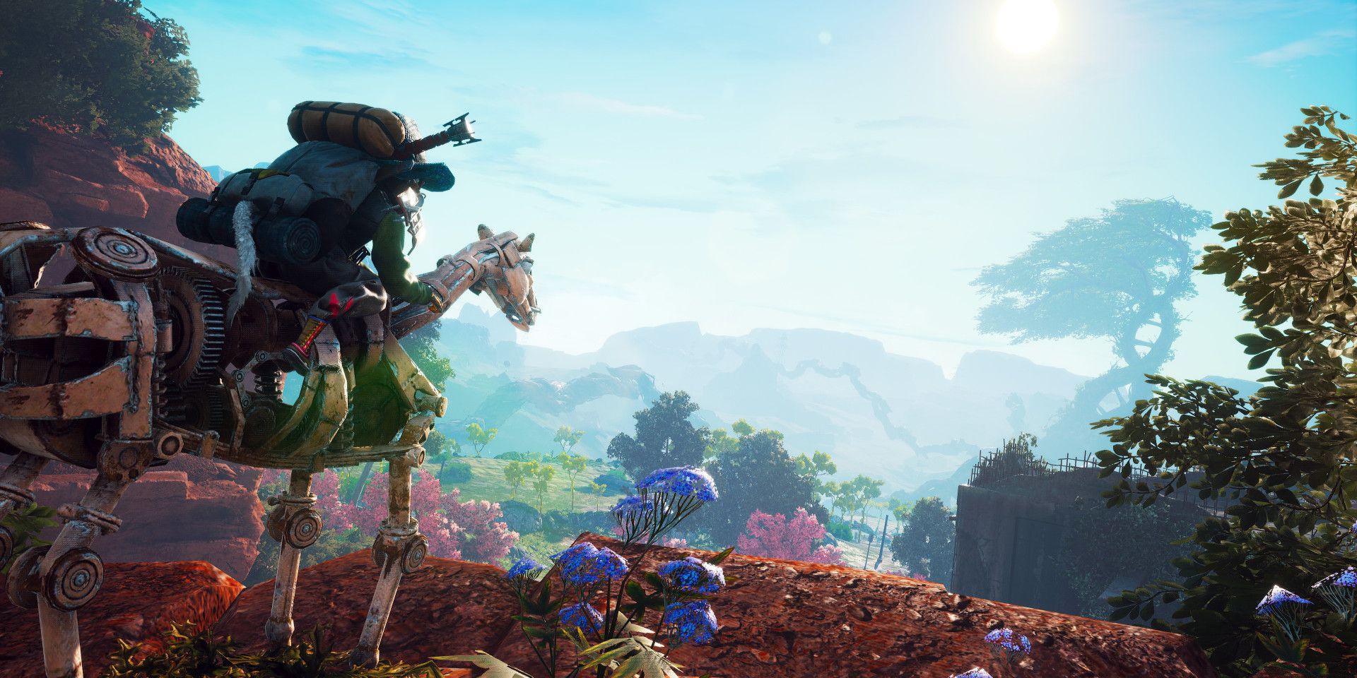 A character on a mount in Biomutant