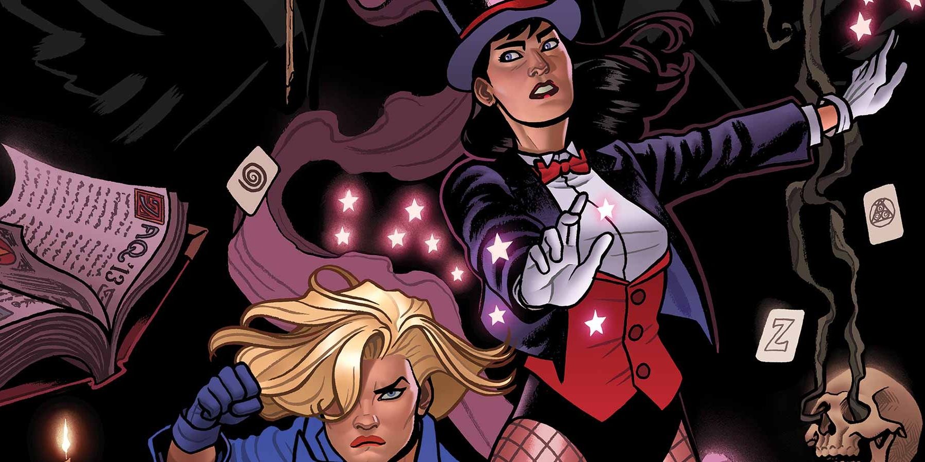 Black Canary and Zatanna in their costumes surrounded by magical artefacts 