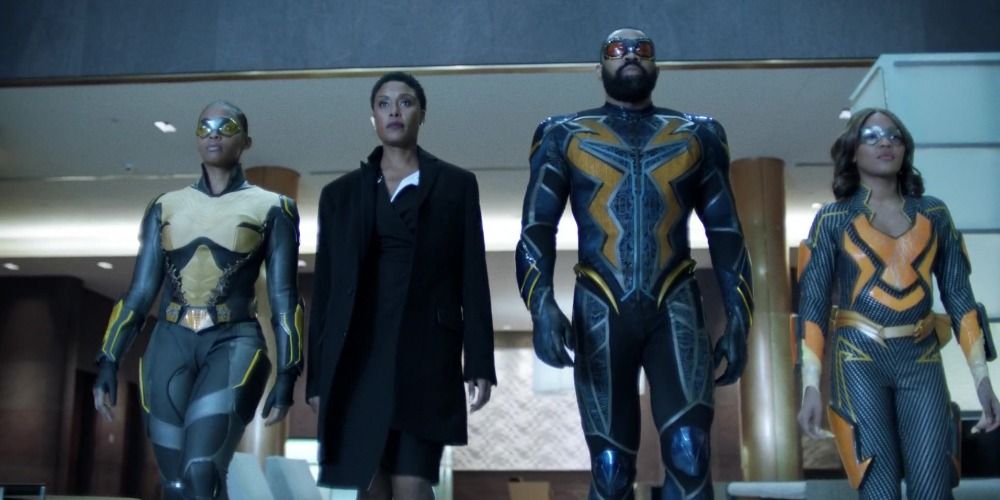 The Black Lightning family walking towards the screen