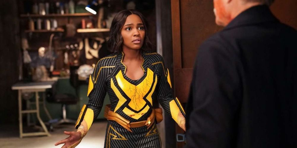 Jennifer in Black Lightning wearing costume and looking worried