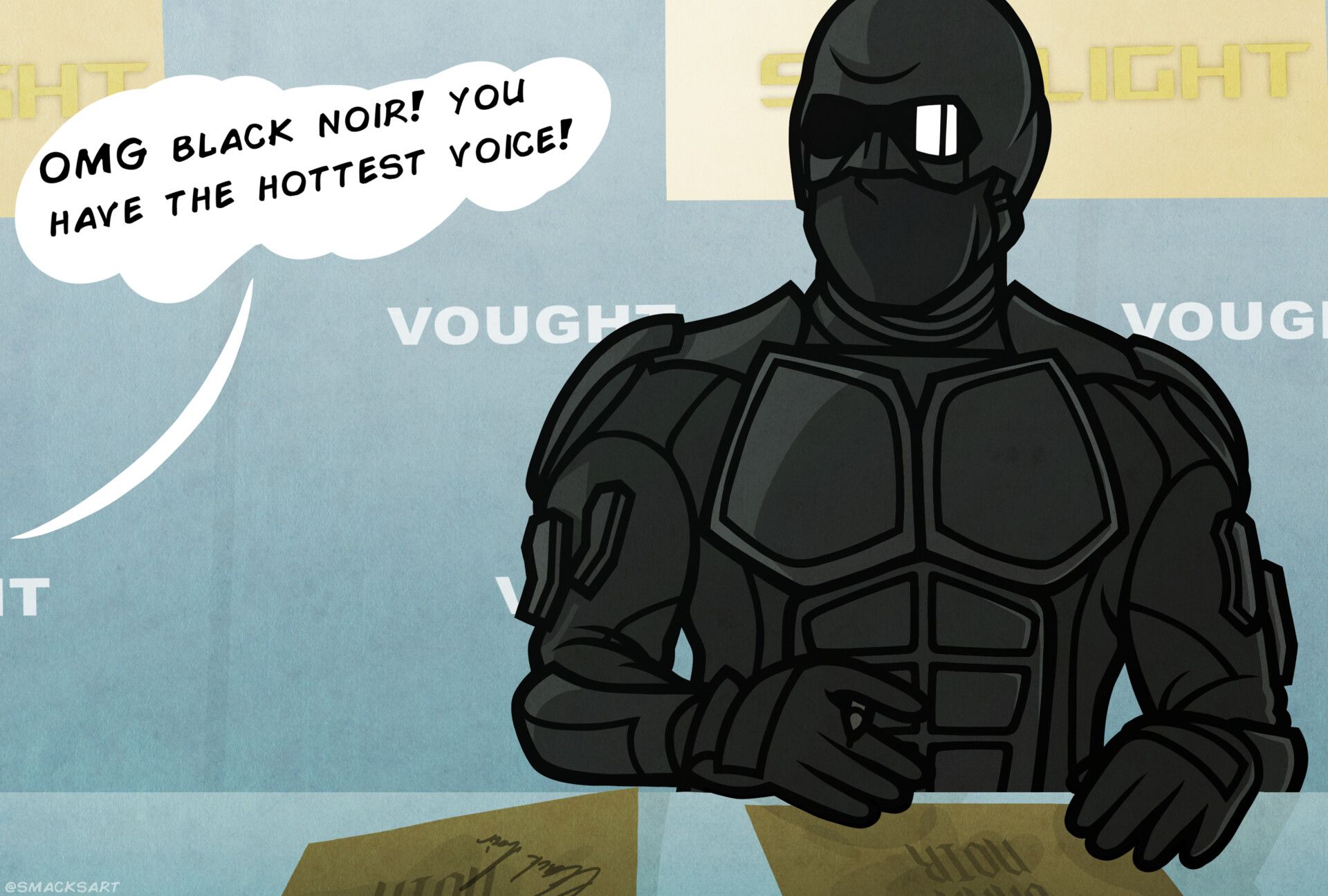 Fanart of Black Noir being complimented for his voice