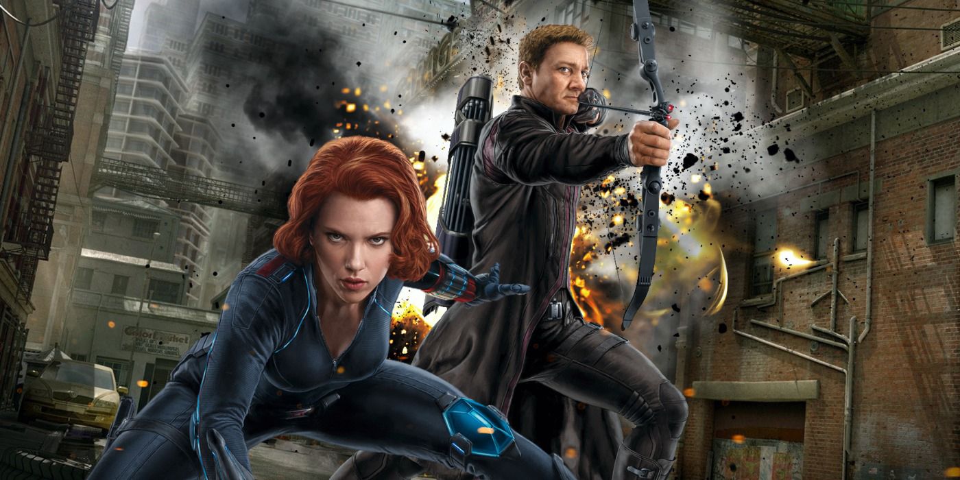 Black Widow and Hawkeye fighting side by side.