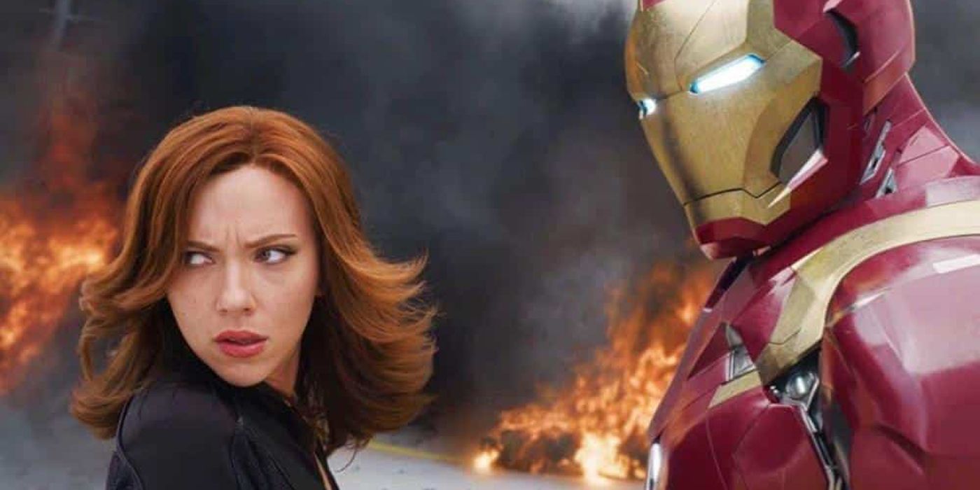 Black Widow and Iron Man fighting villains.