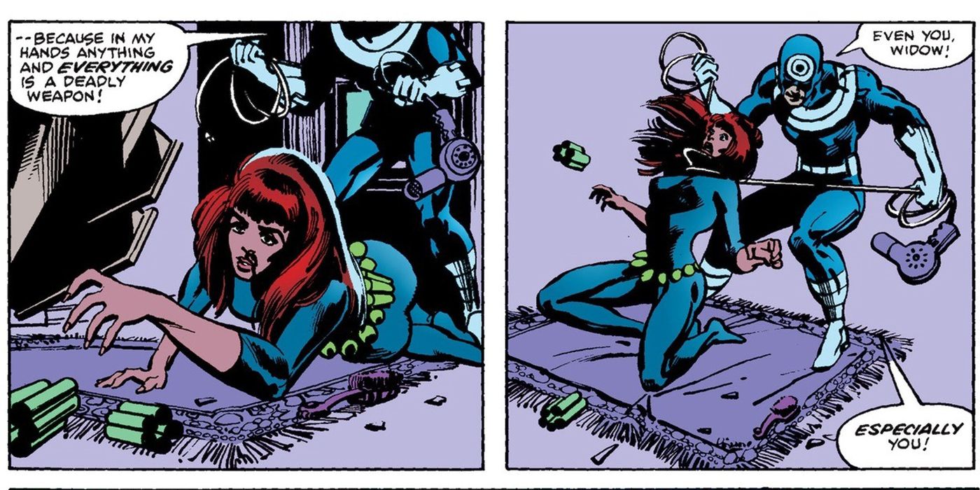 Black Widow fighting Bullseye.