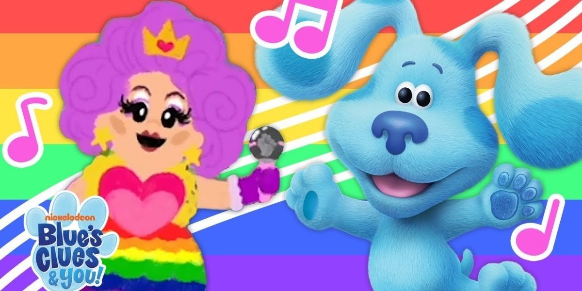 Cartoon version of Nina West with Blue in front of the rainbow flag