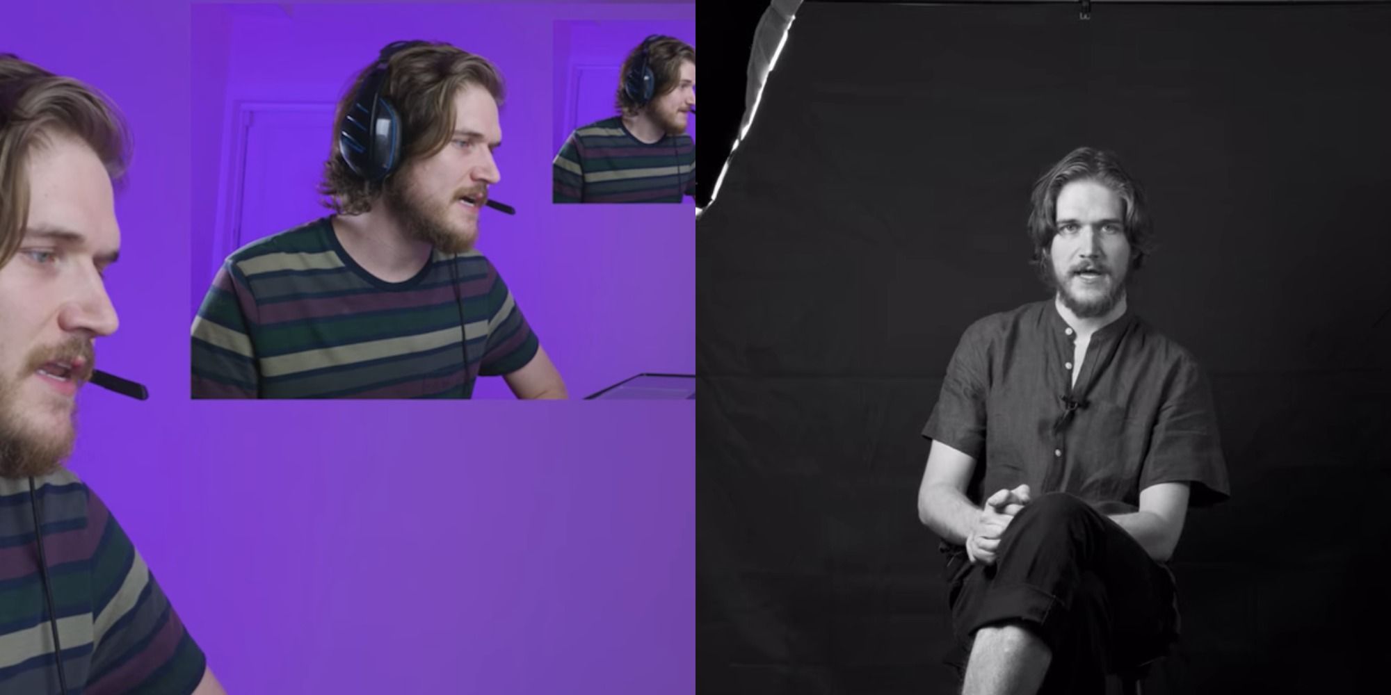 Split image of Bo Burnham reaction video, and his sketch about a social media consultant