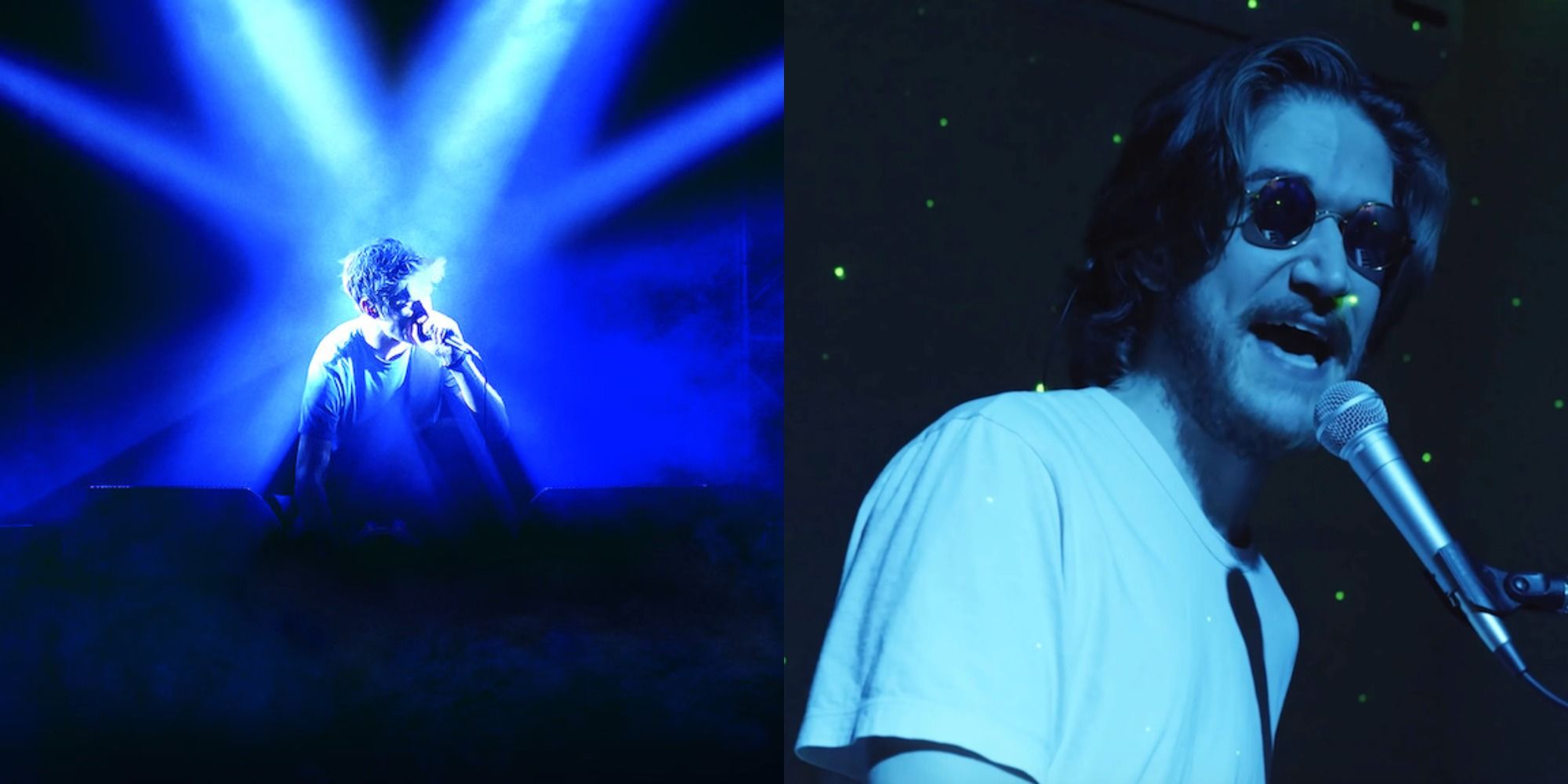 Split image of Bo Burnham singing with lights on him, and him singing on a piano