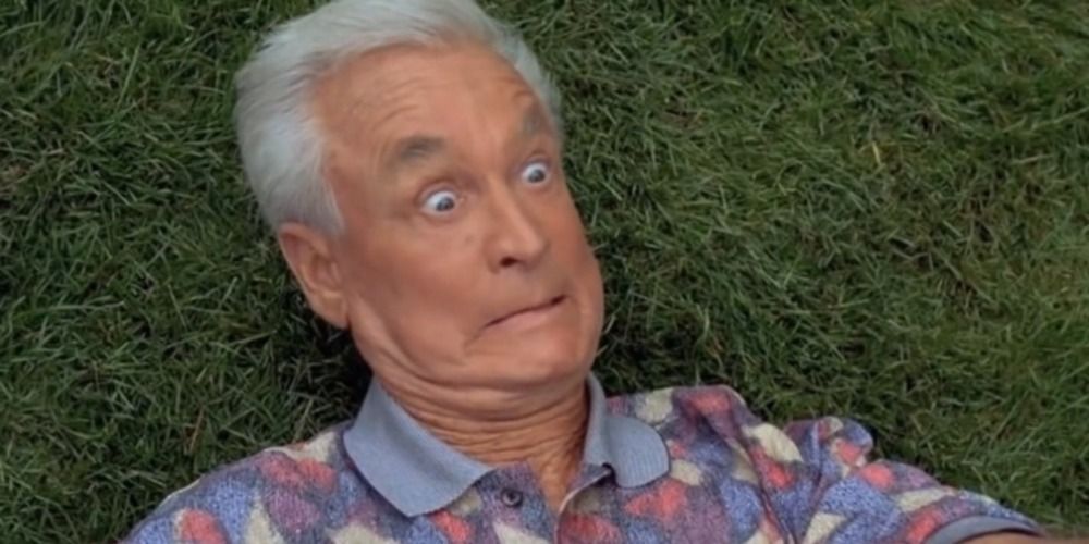 Bob Barker opening his eyes on the ground in Happy Gilmore
