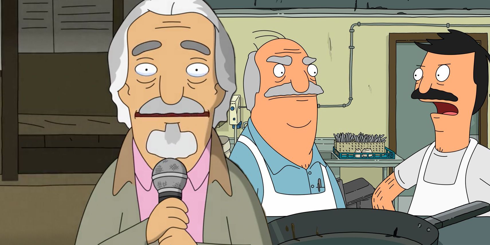 Hawk crying, Bob and Big Bob arguing in Bob's Burgers with a man holding a mic in the foreground.