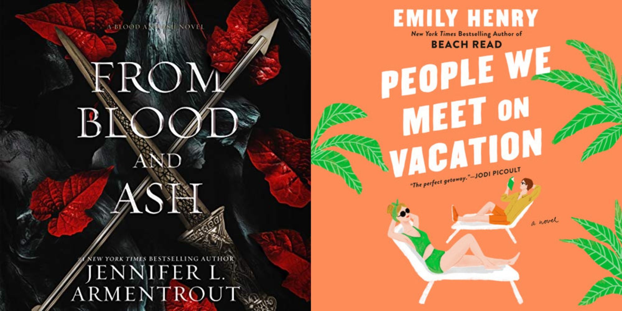 Split image showing the covers of From Blood and Ash, and People You Meet on Vacation