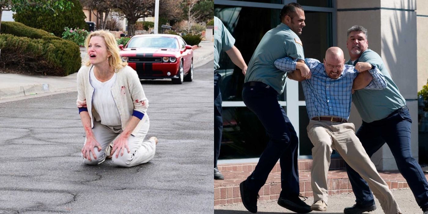 Skyler on her knees in the middle of the road; Walt being dragged by two men
