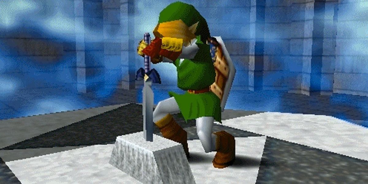 Link draws the Master Sword in Ocarina of Time.