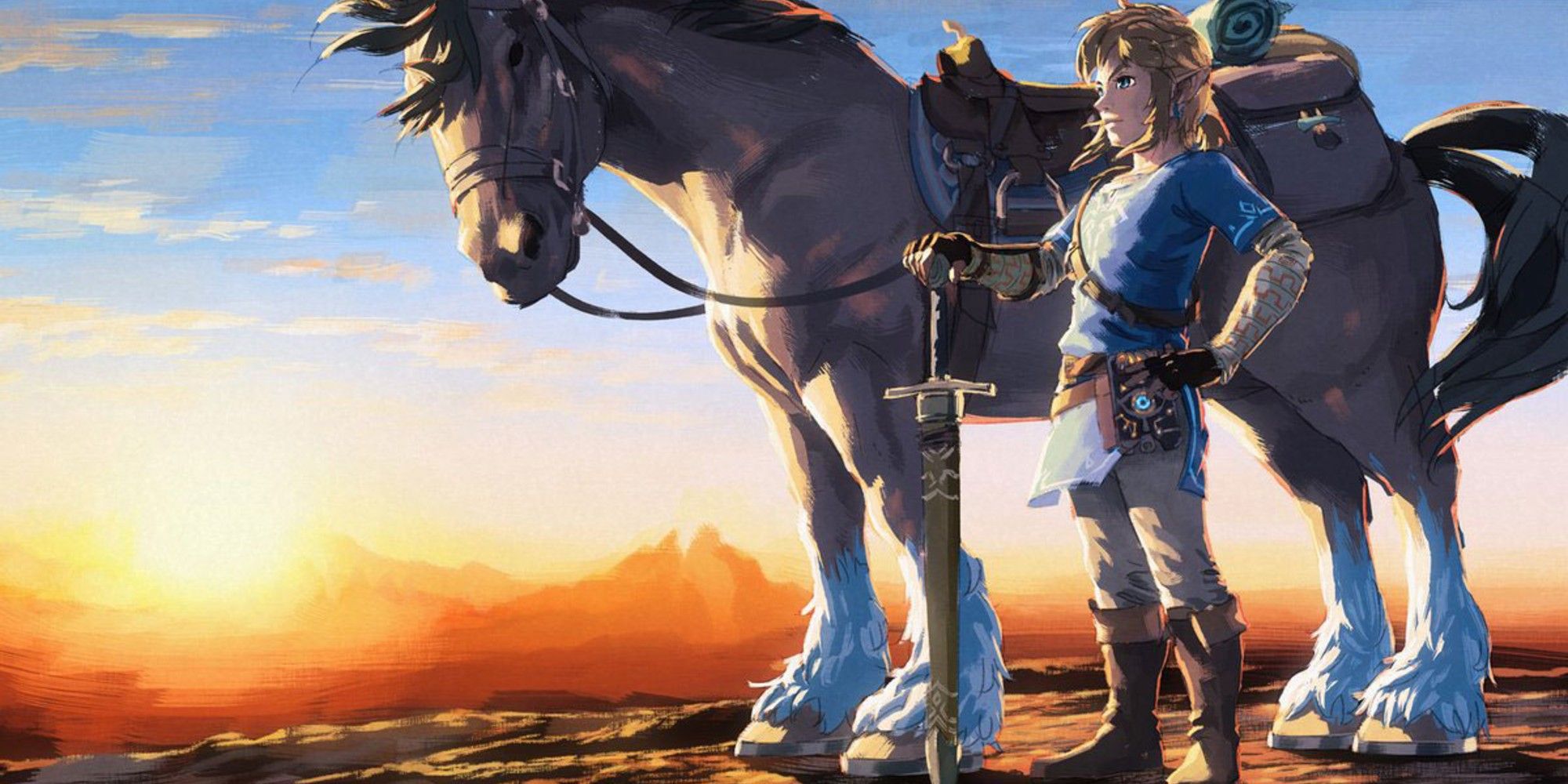 Breath of the Wild art featuring Link standing beside Epona while holding his sword in its scabbard against the ground, almost like a walking stick.