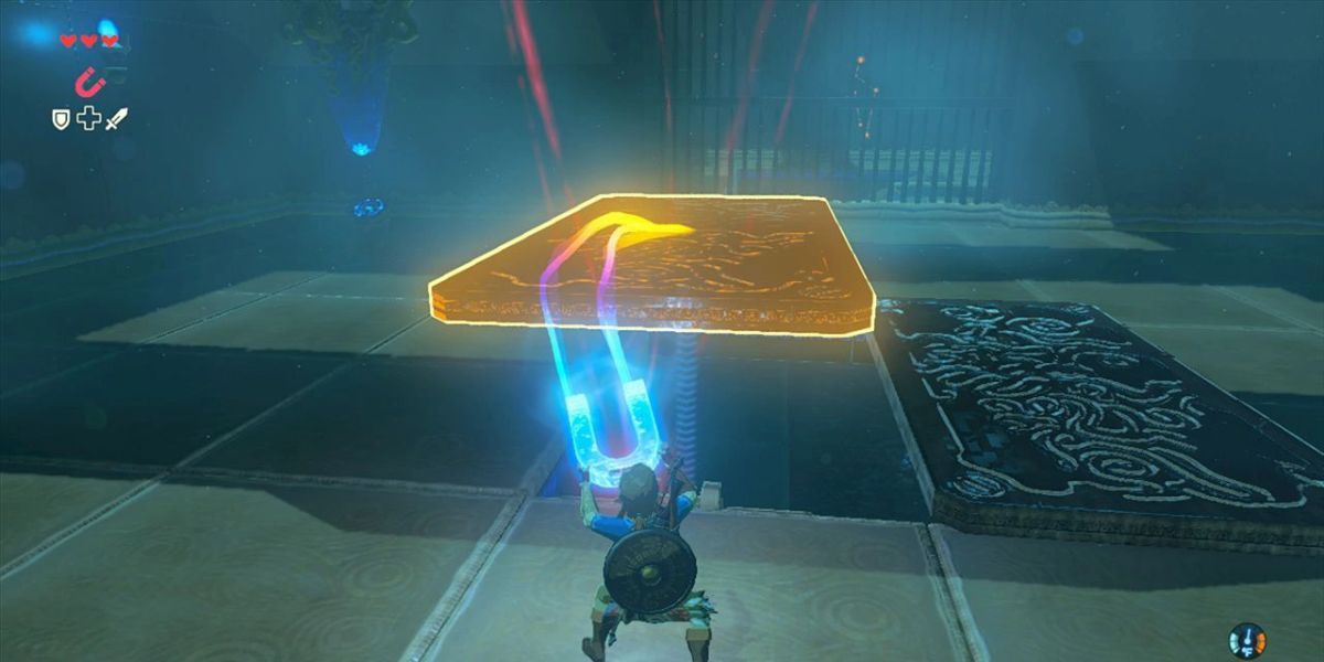Link using magnesis to solve a shrine puzzle.