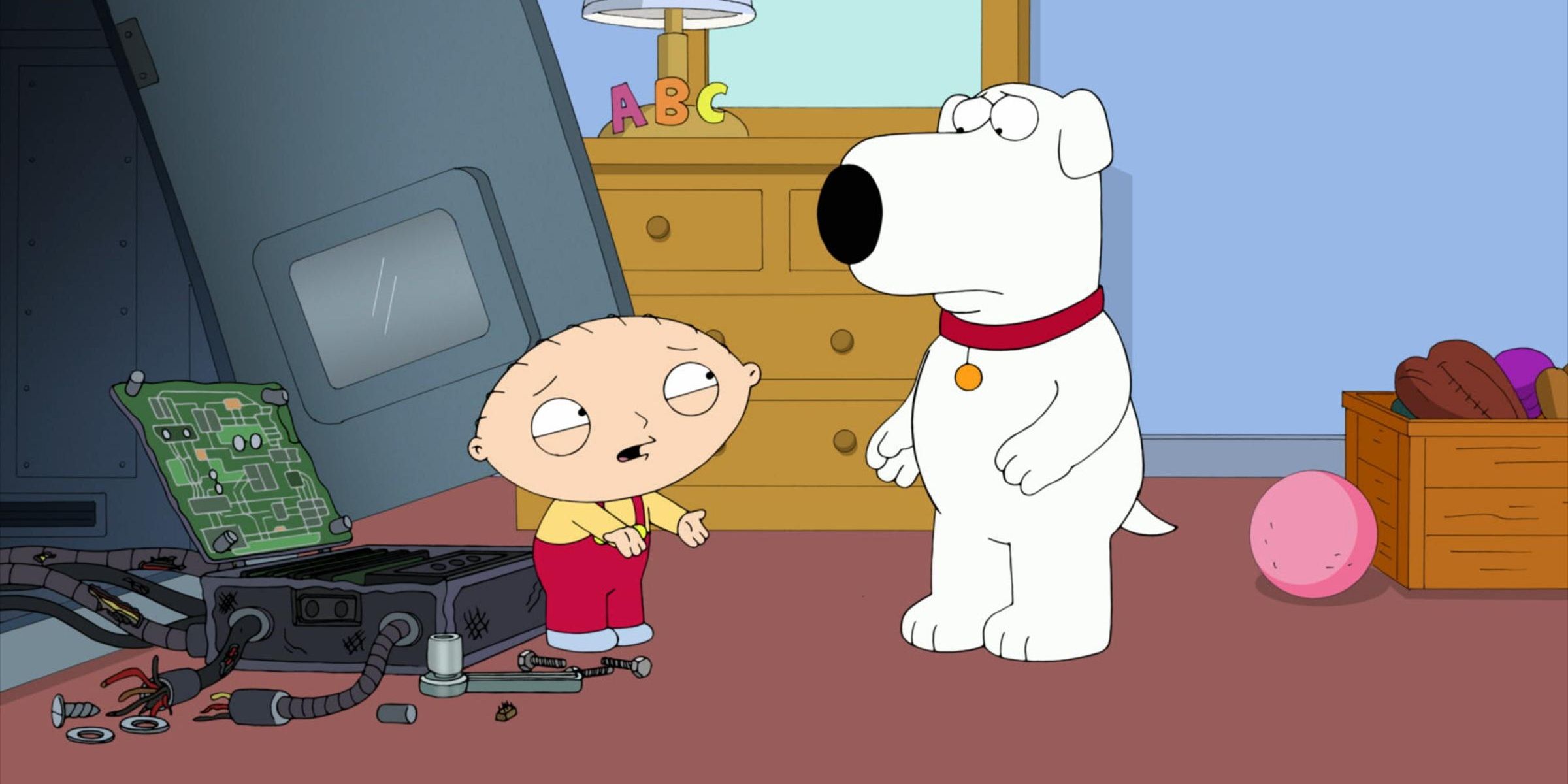 Brian breaks Stewie's time machine in Family Guy.