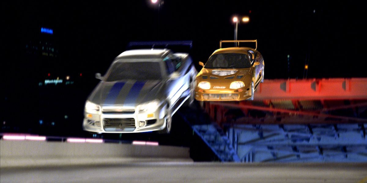 Brian makes a bridge jump in his Nissan Skyline in 2 Fast 2 Furious
