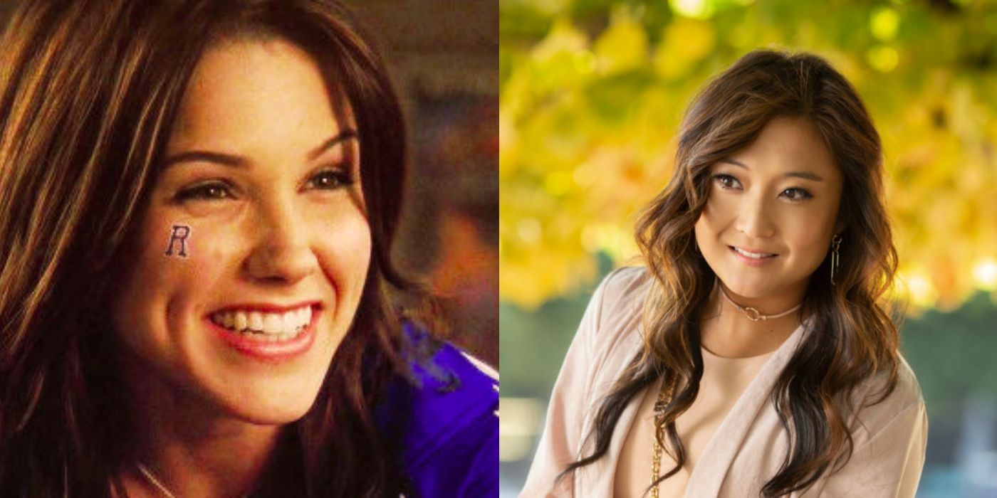 Brooke smiling in her cheerleading uniform on One Tree Hill And Ashley Park playing Mindy on Emily In Paris
