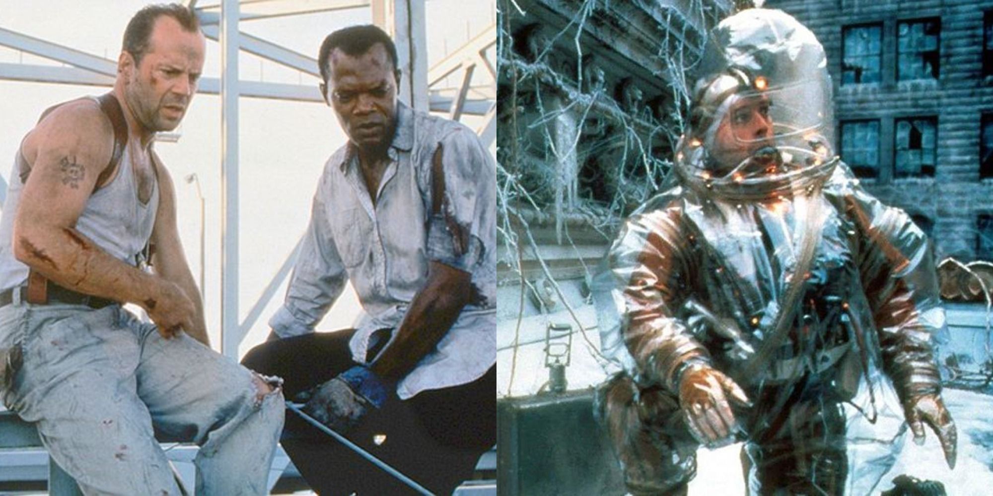 Split image of John McClane and Zeus Carver, and James Cole in a bio-hazard suit