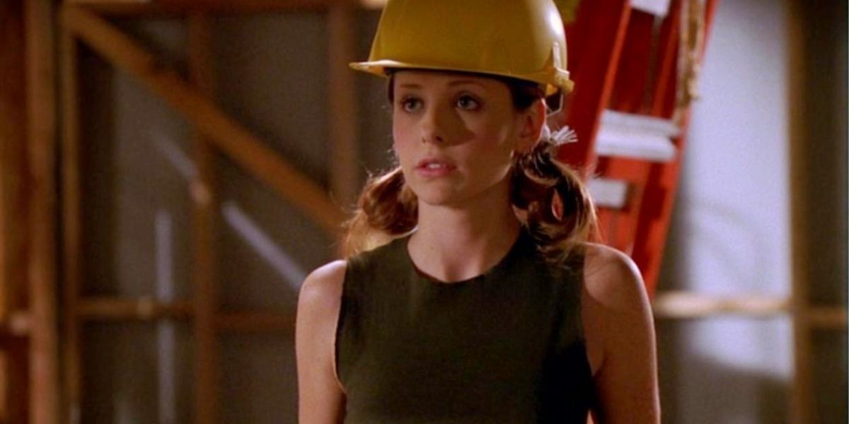 Buffy Summers wearing a helmet and looking surprised
