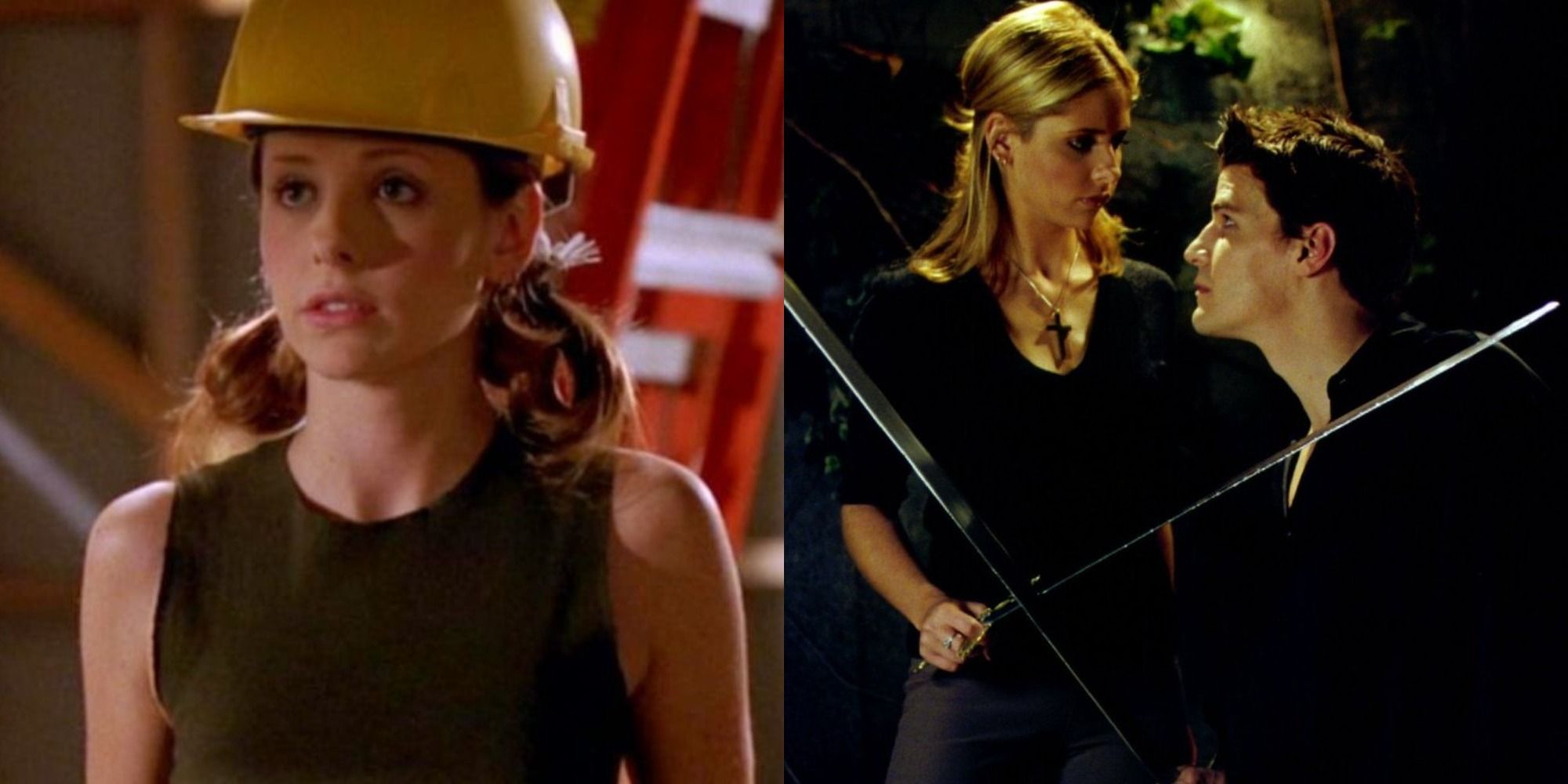 Buffy split image in a hard hat and with angel