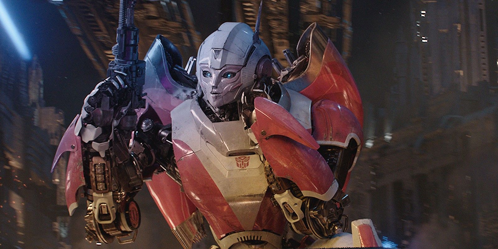 Arcee in Transformers holding a gun up.