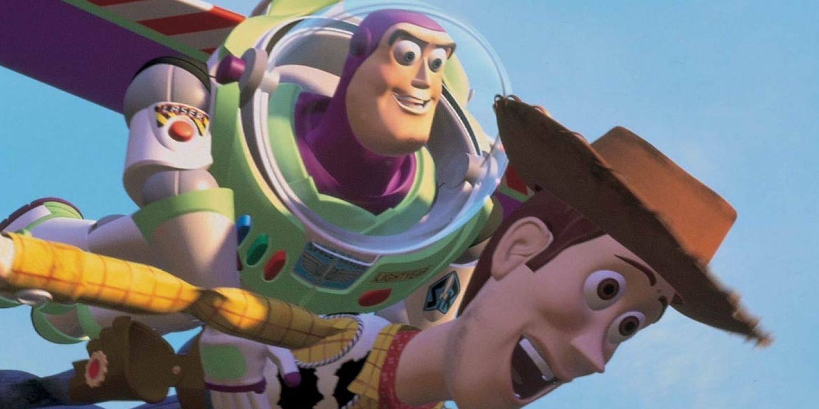 Buzz Lightyear and Woody falling with style in Toy Story