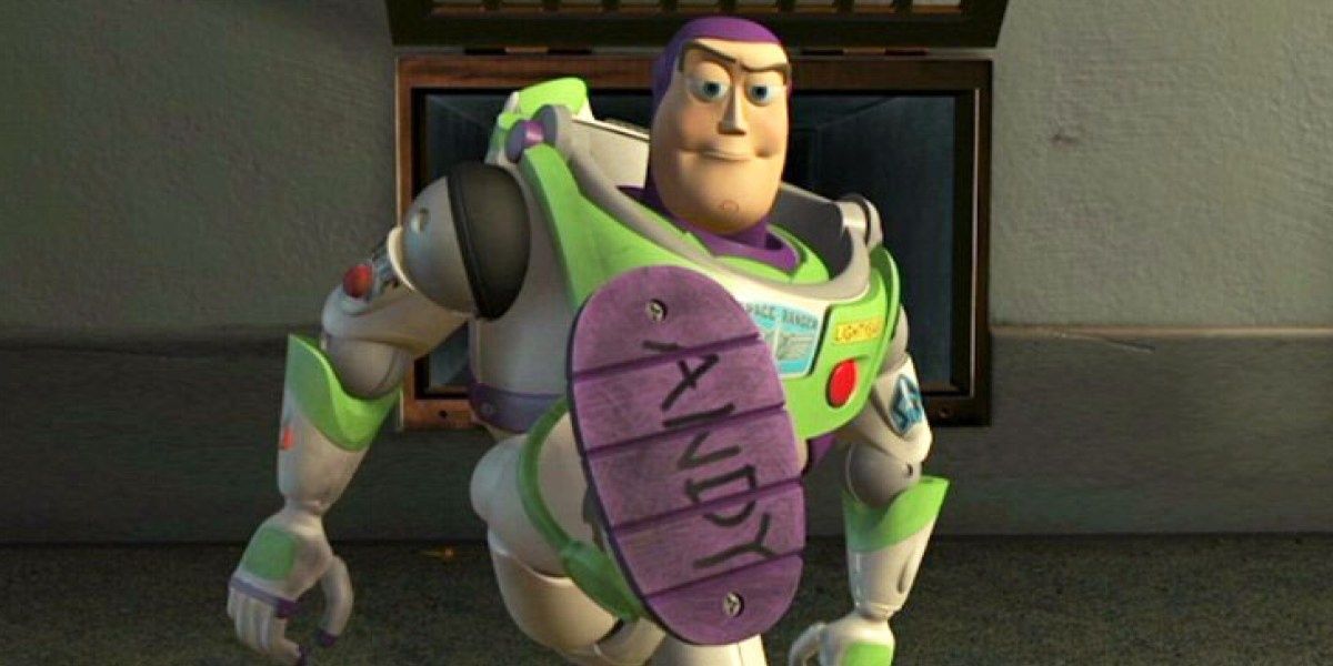 Buzz showing his shoe with Andy's name on it in Toy Story