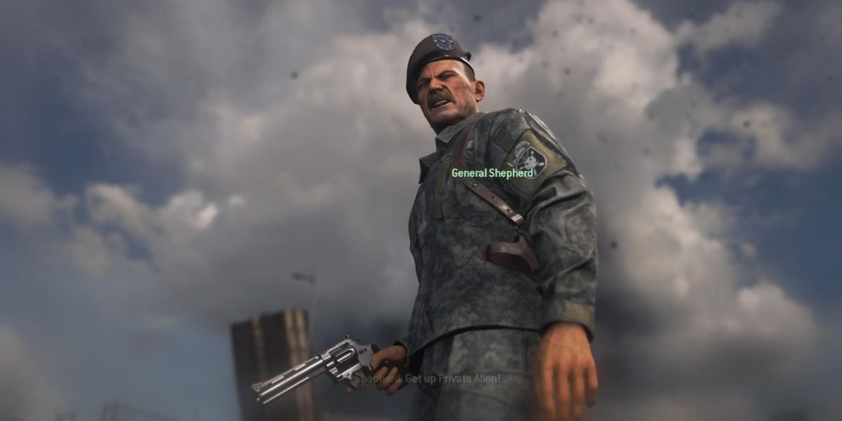 Dutch angle of General Shepherd with his gun