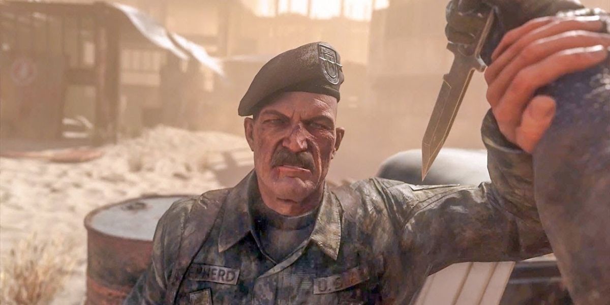 First-person view of the player trying to stab General Shepherd in Call of Duty