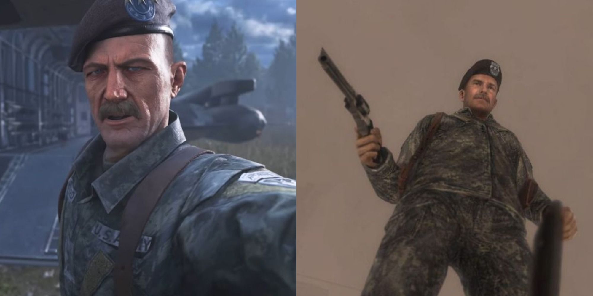 Split image showing Coronel Shepherd looking at the camera, and holding his gun