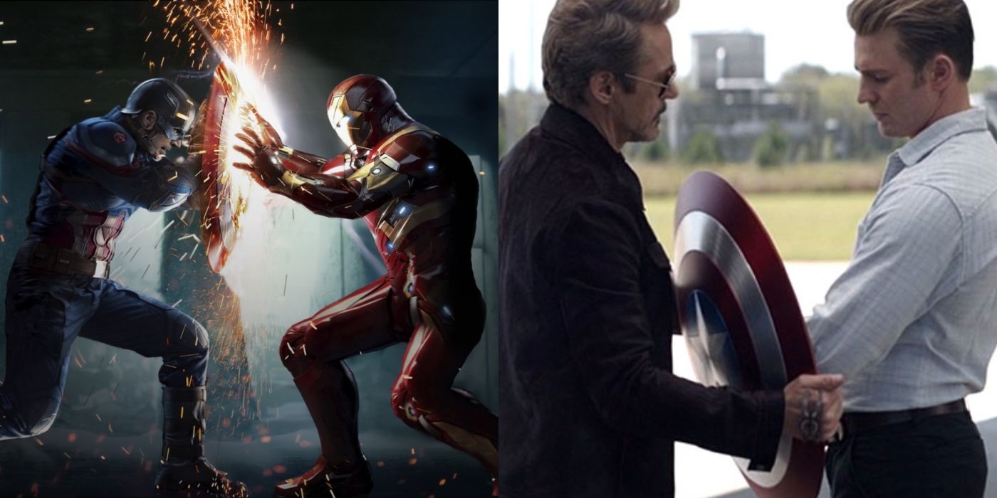 Captain America and Iron Man fighting and Iron Man giving Cap the shield