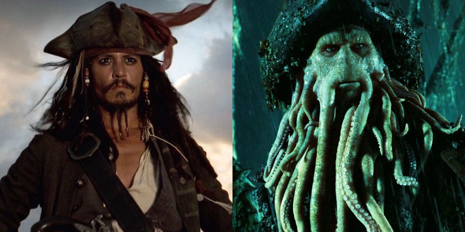 Split image of Captain Jack Sparrow and Davy Jones in Pirates of the Caribbean