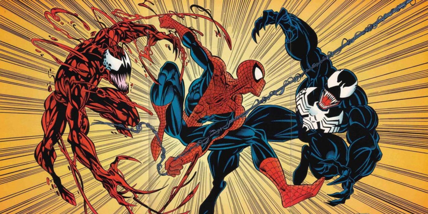 Carnage and Venom attack Spider-Man in Marvel Comics.