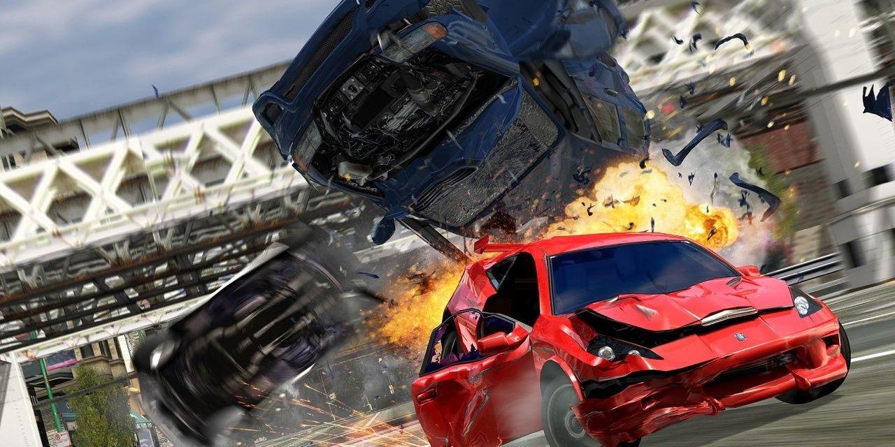 Cars are flipped over while a damaged car races away in Burnout 3 Takedown