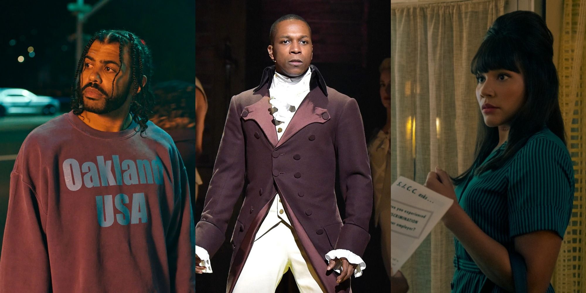 Split image of Daveed Diggs in Blindspotting, Leslie Odom Jr. in Hamilton, and Emmy Raver-Lampman in Umbrella Academy