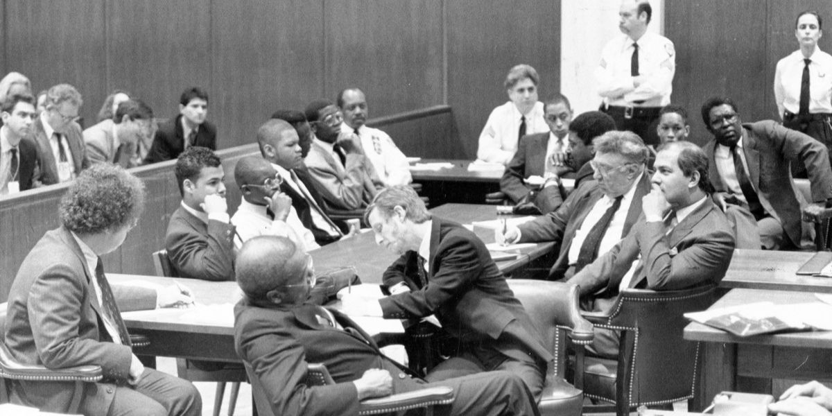 Black and white image of a courtroom in Central Park Five PBS doc.