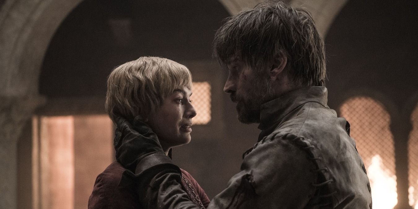 Cersei and Jaime holding each other in the basement, about to die