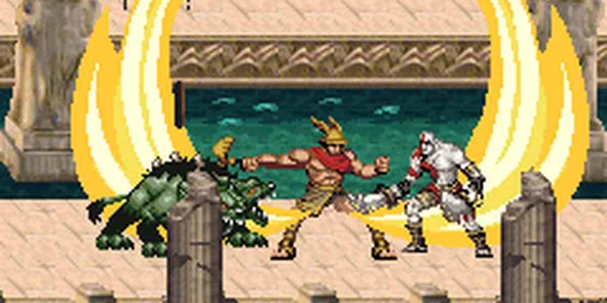 Kratos lutando contra Ceryx e um Cerberus