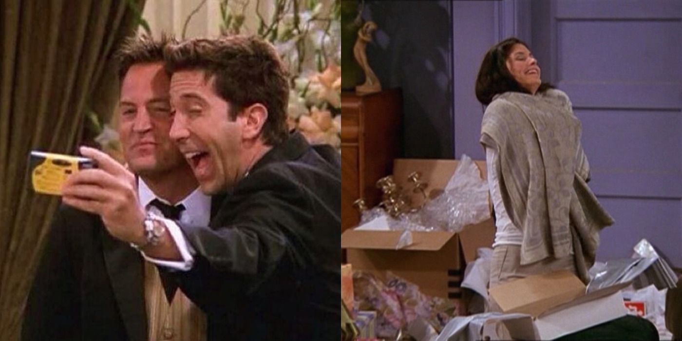 Chandler and Ross take photos and Monica opens the wedding gifts