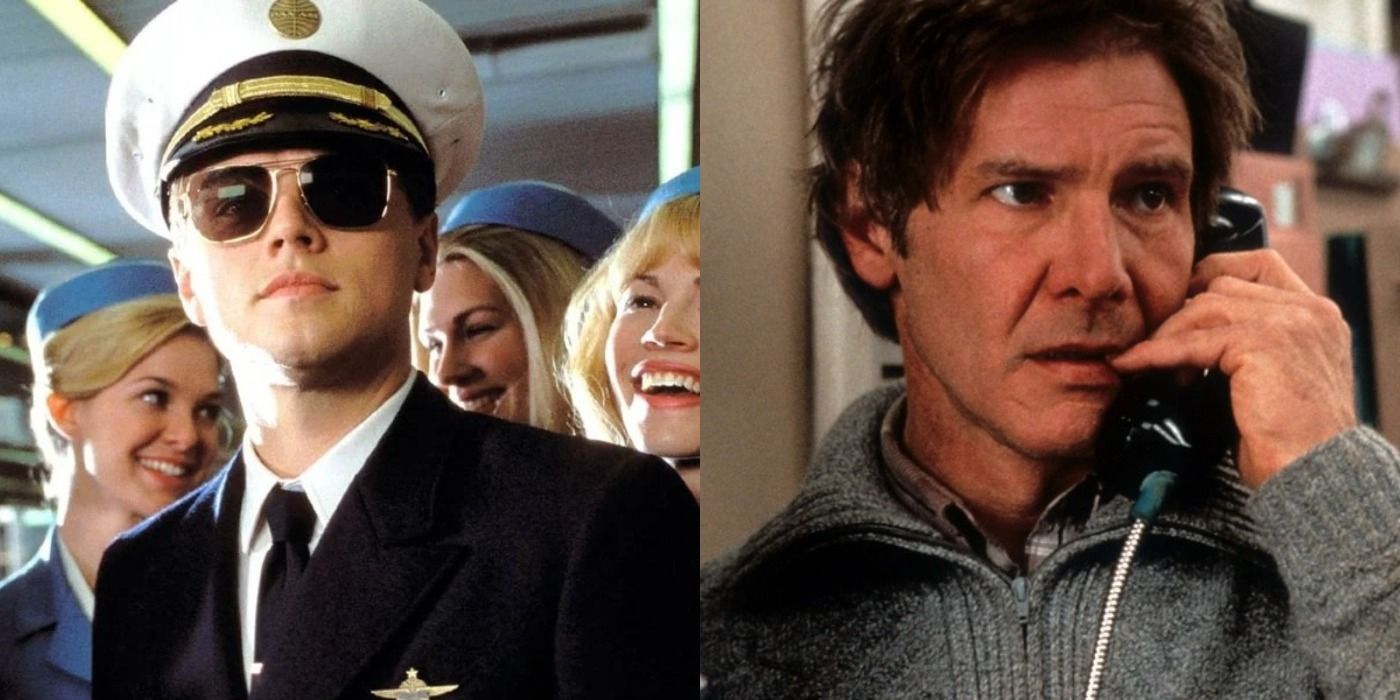 Two side by side images of Leo DiCaprio in Catch Me If You Can and Harrison Ford in The Fugitive