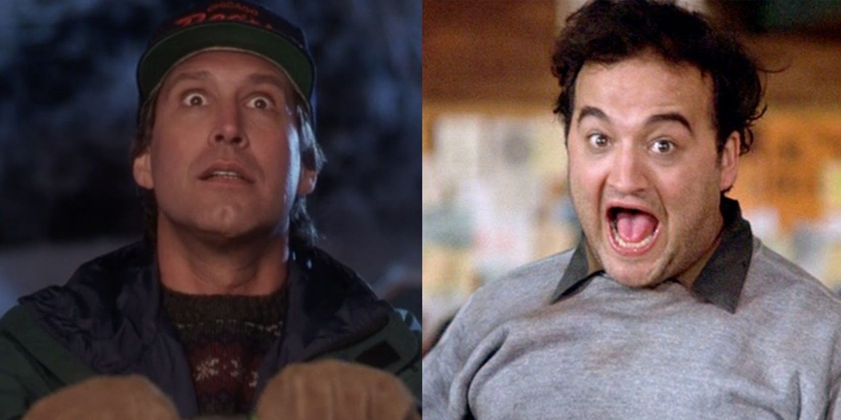 Chevy Chase in Christmas Vacation and John Belushi in Animal House