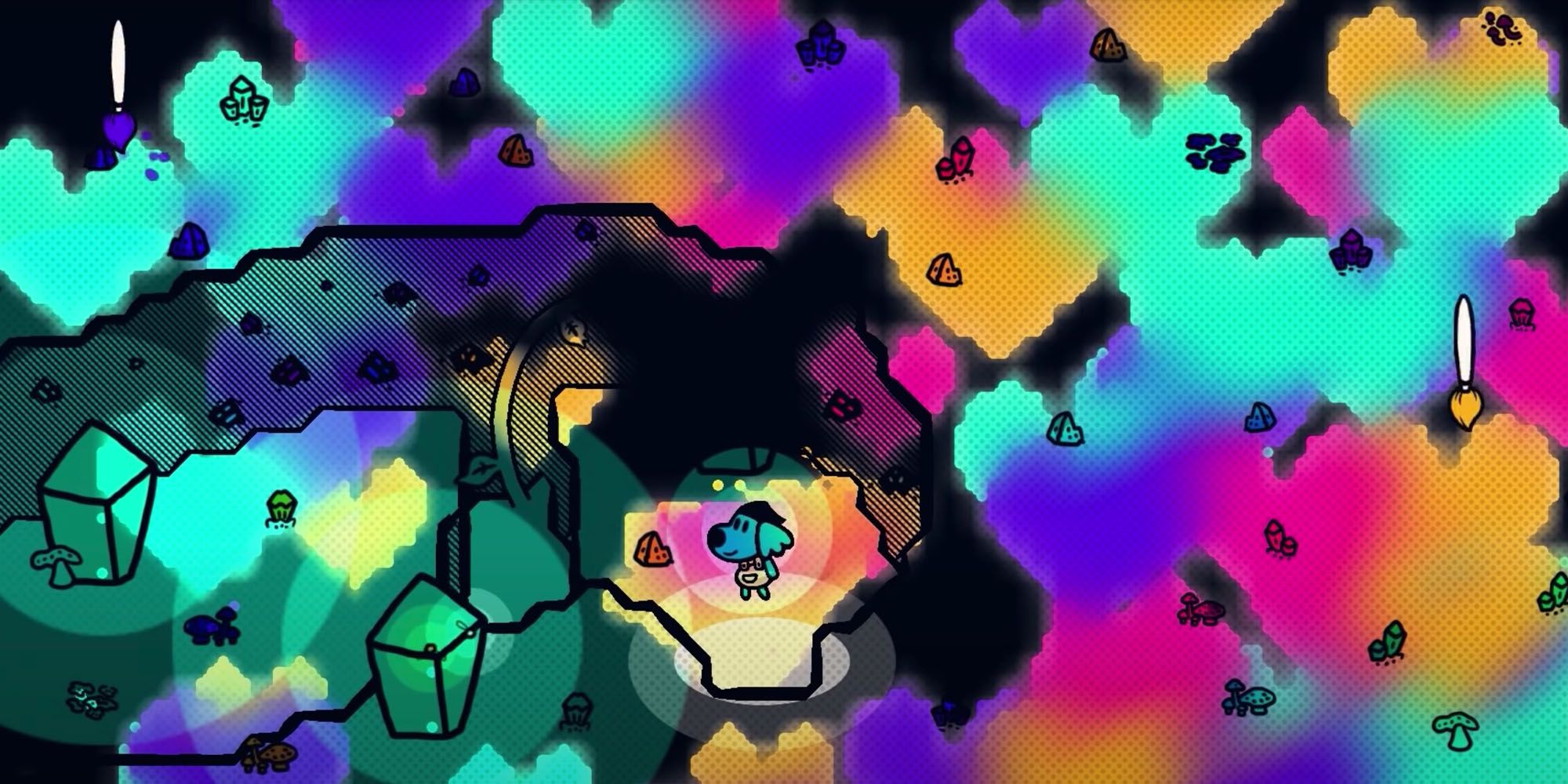 A dog surrounded by colorful hearts in the video game Chicory: A Colorful Tale