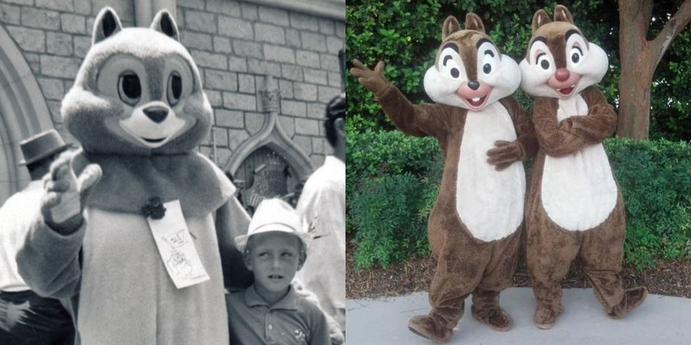 Chip and Dale before and after their costume upgrade in the Disney Parks