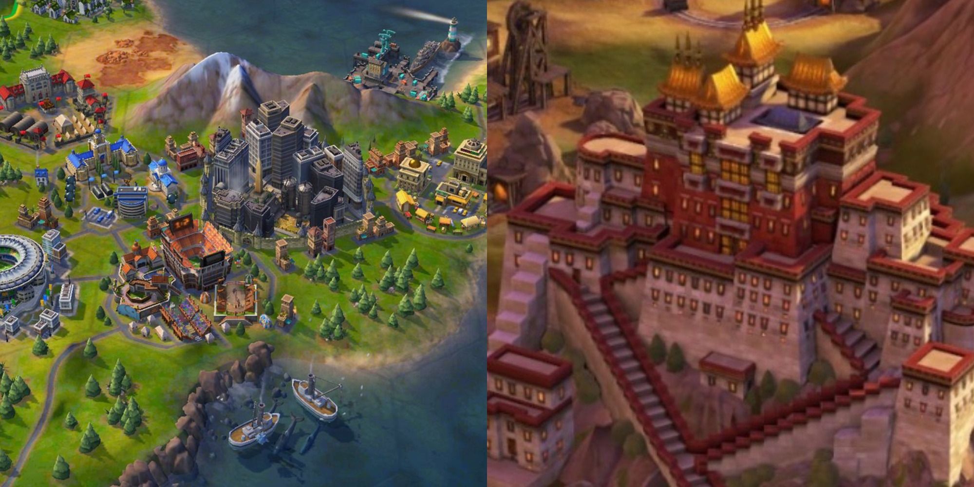 Split image showing a settlement in Civilization 6, and the Potala Palace