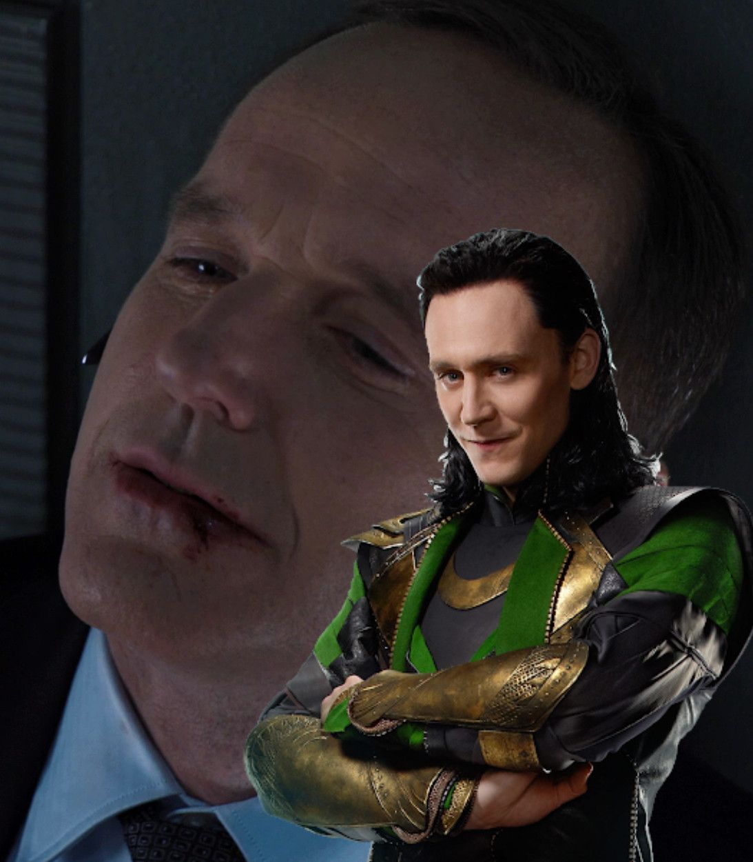 Clark Gregg as Agent Coulson in The Avengers, Tom Hiddleston as Loki Vertical